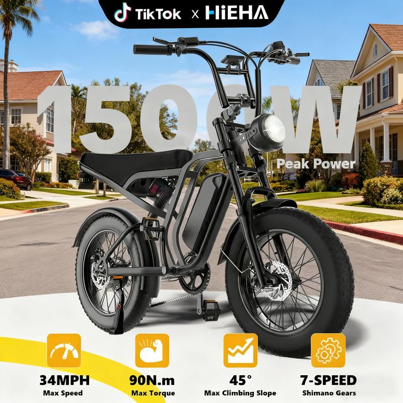 HIEHA All-Terrain 1500W Peak Motor Electric Bike — 34 MPH, 40–70 Mile Range, 48V Removable Battery, Dual Suspension, Fat Tires
