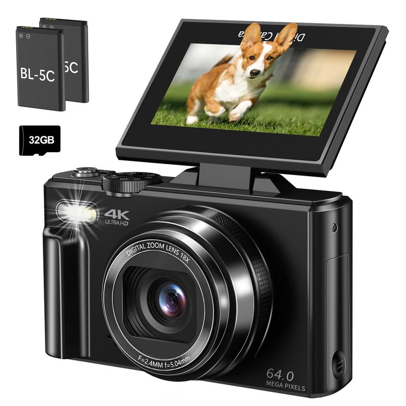 4K Digital Camera for Photography with 64MP, 3" 180° Flip Screen, 18X Zoom, 32GB SD Card, 2 Batteries